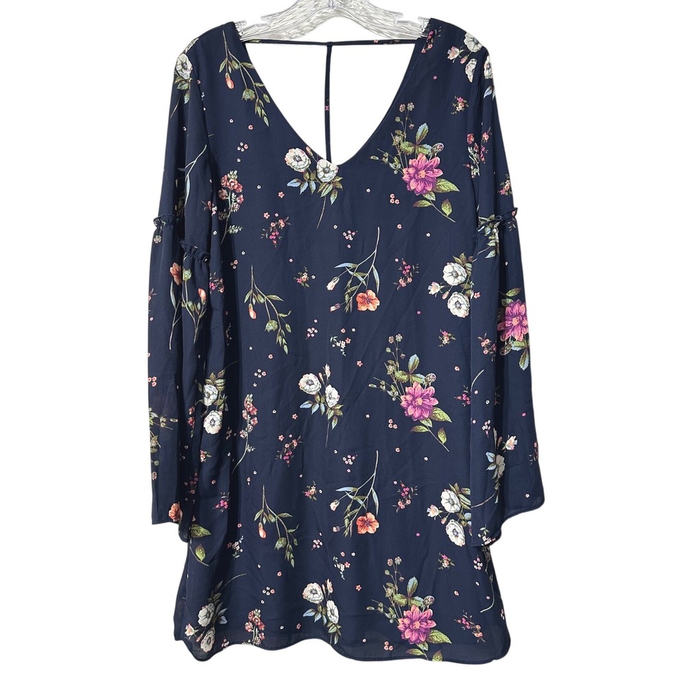 C Wonder Floral Mini Dress Womens Navy Blue Bell Sleeve Boho V-Neck M